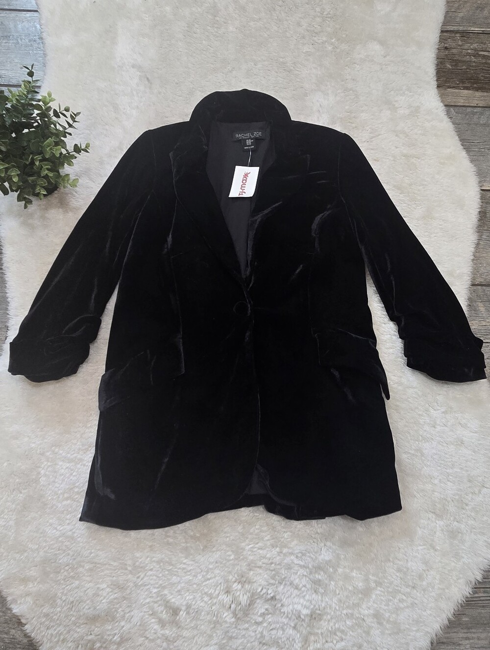 Rachel Zoe Black Velvet Single Button Ruched Sleeve Vampy Office Blazer, XS